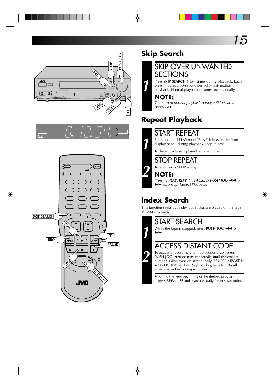 Start repeat, Stop repeat, Start search | Access distant code, Skip search repeat playback, Index search | JVC HR-J4003UM User Manual | Page 15 / 38