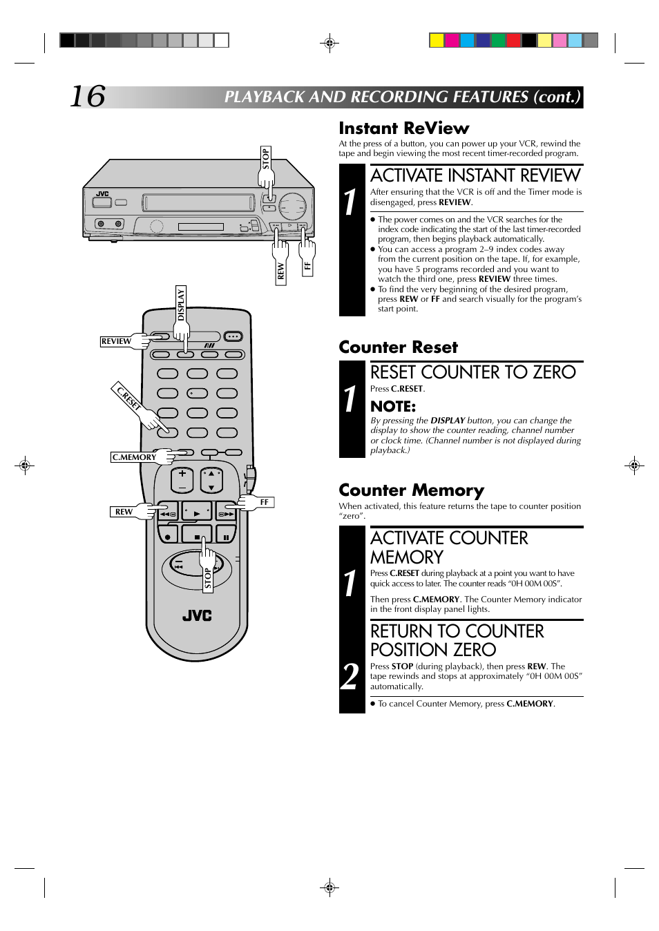 Activate instant review, Reset counter to zero, Return to counter position zero | Instant review, Counter reset, Playback and recording features (cont.) | JVC HR-J4003UM User Manual | Page 16 / 38