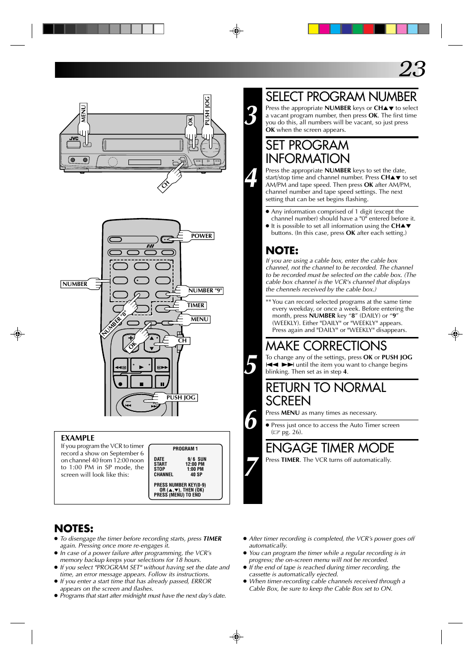 Select program number, Set program information, Make corrections | Return to normal screen, Engage timer mode | JVC HR-J4003UM User Manual | Page 23 / 38