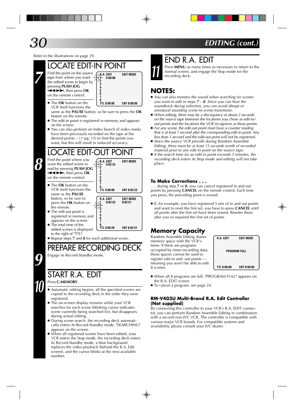 Locate edit-in point, Locate edit-out point, Prepare recording deck | Start r.a. edit, End r.a. edit, Editing (cont.) | JVC HR-J4003UM User Manual | Page 30 / 38