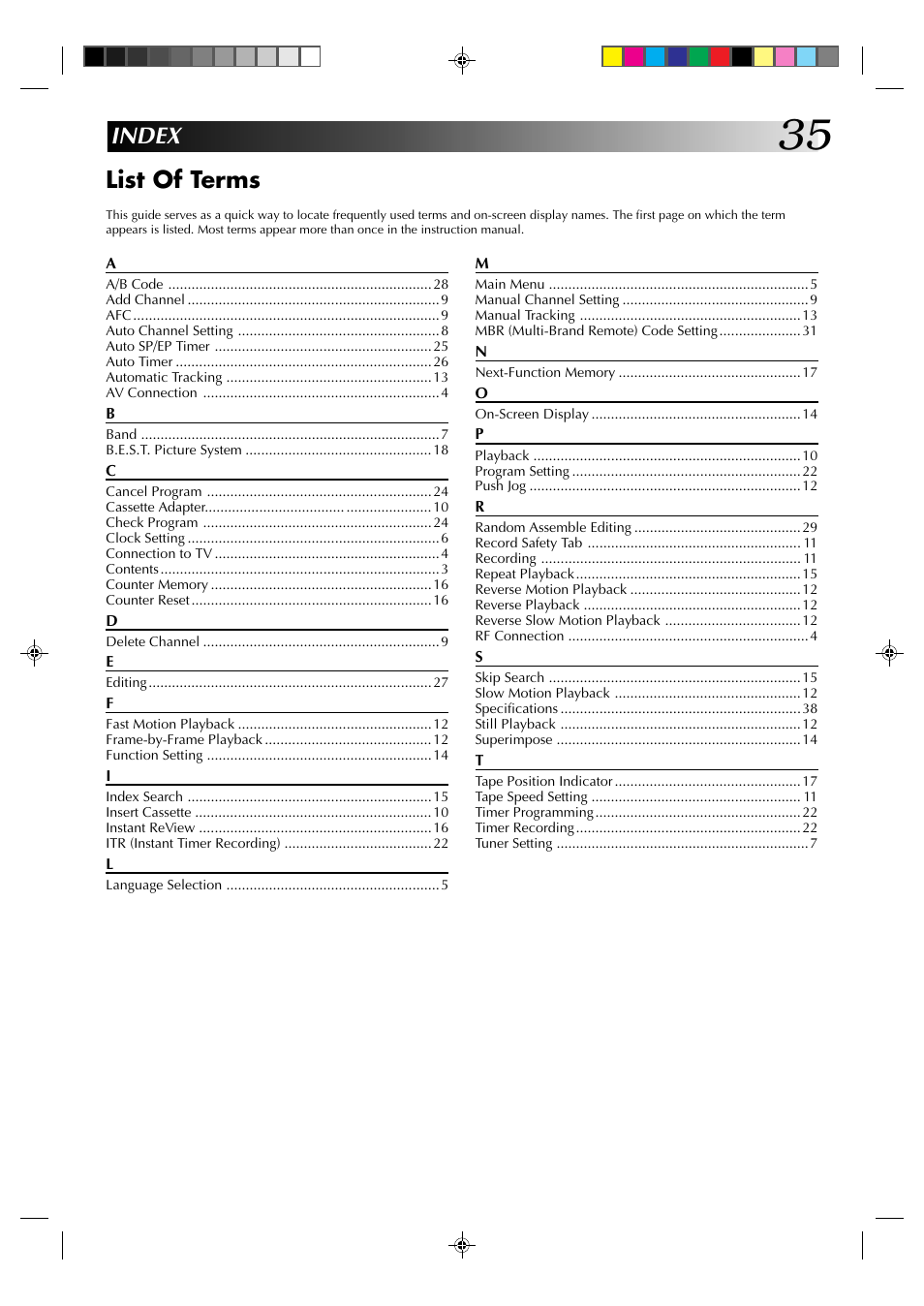 Index list of terms | JVC HR-J4003UM User Manual | Page 35 / 38