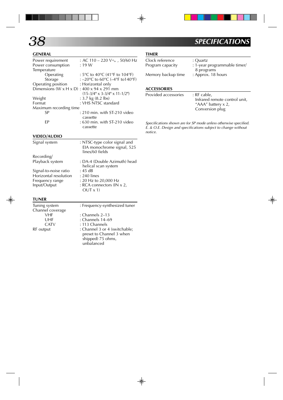 Specifications | JVC HR-J4003UM User Manual | Page 38 / 38