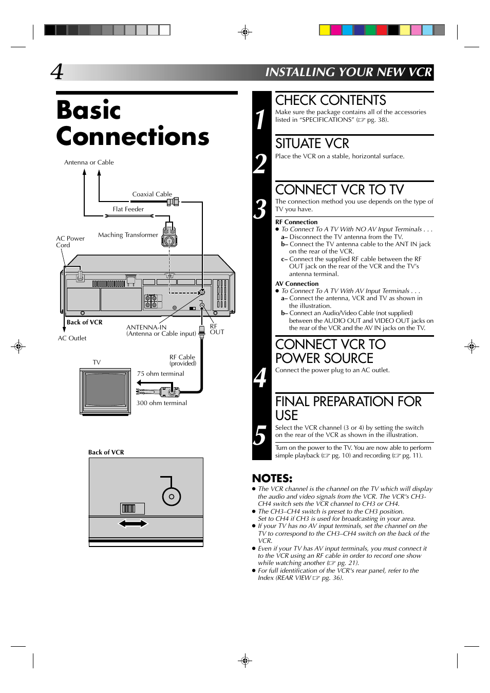 Basic connections, Check contents, Situate vcr | Connect vcr to tv, Connect vcr to power source, Final preparation for use, Installing your new vcr | JVC HR-J4003UM User Manual | Page 4 / 38