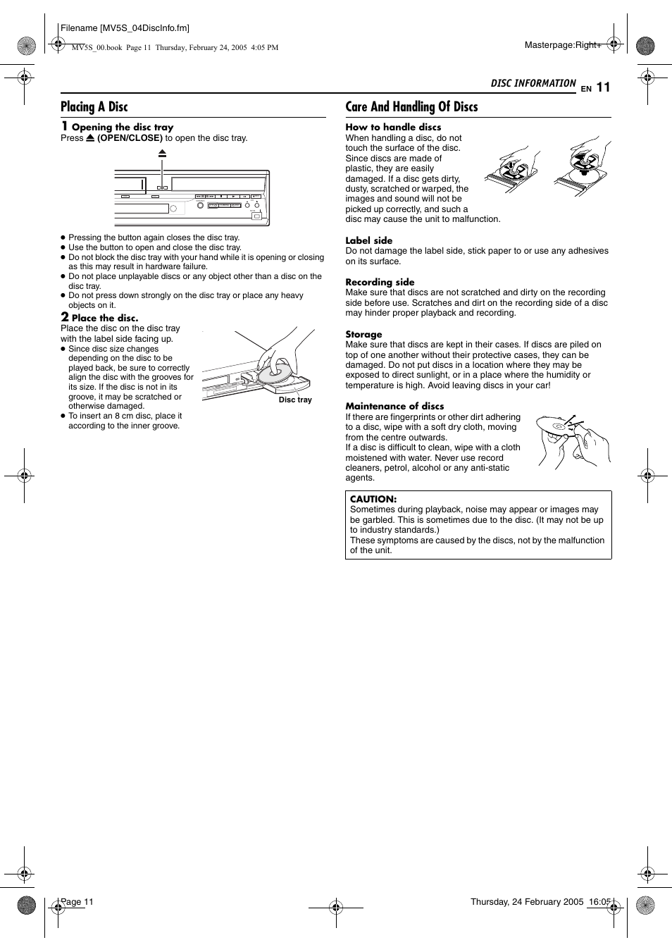 Placing a disc, Care and handling of discs, Disc information | JVC DR-MV5S User Manual | Page 11 / 88