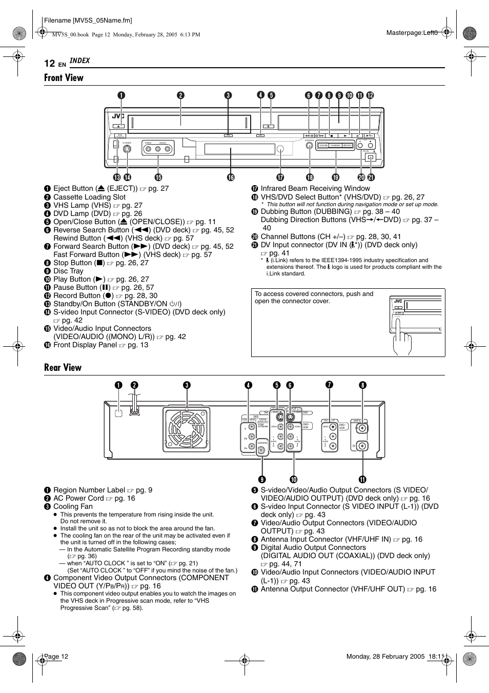 Index, Front view, Rear view | JVC DR-MV5S User Manual | Page 12 / 88