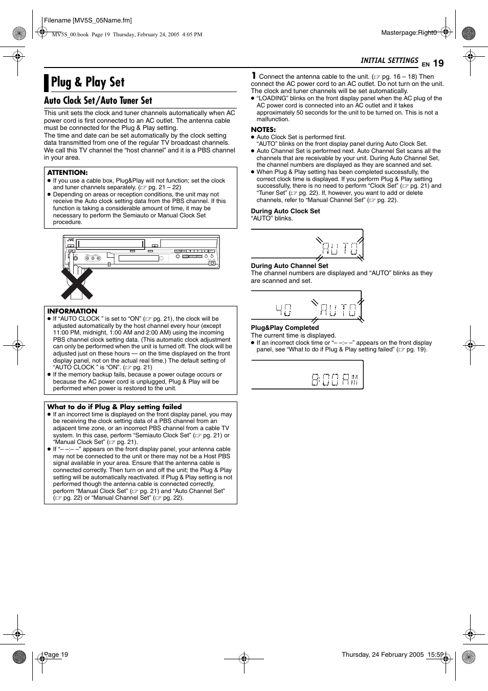 Initial settings, Plug & play set, Pg. 19) | Auto clock set/auto tuner set | JVC DR-MV5S User Manual | Page 19 / 88