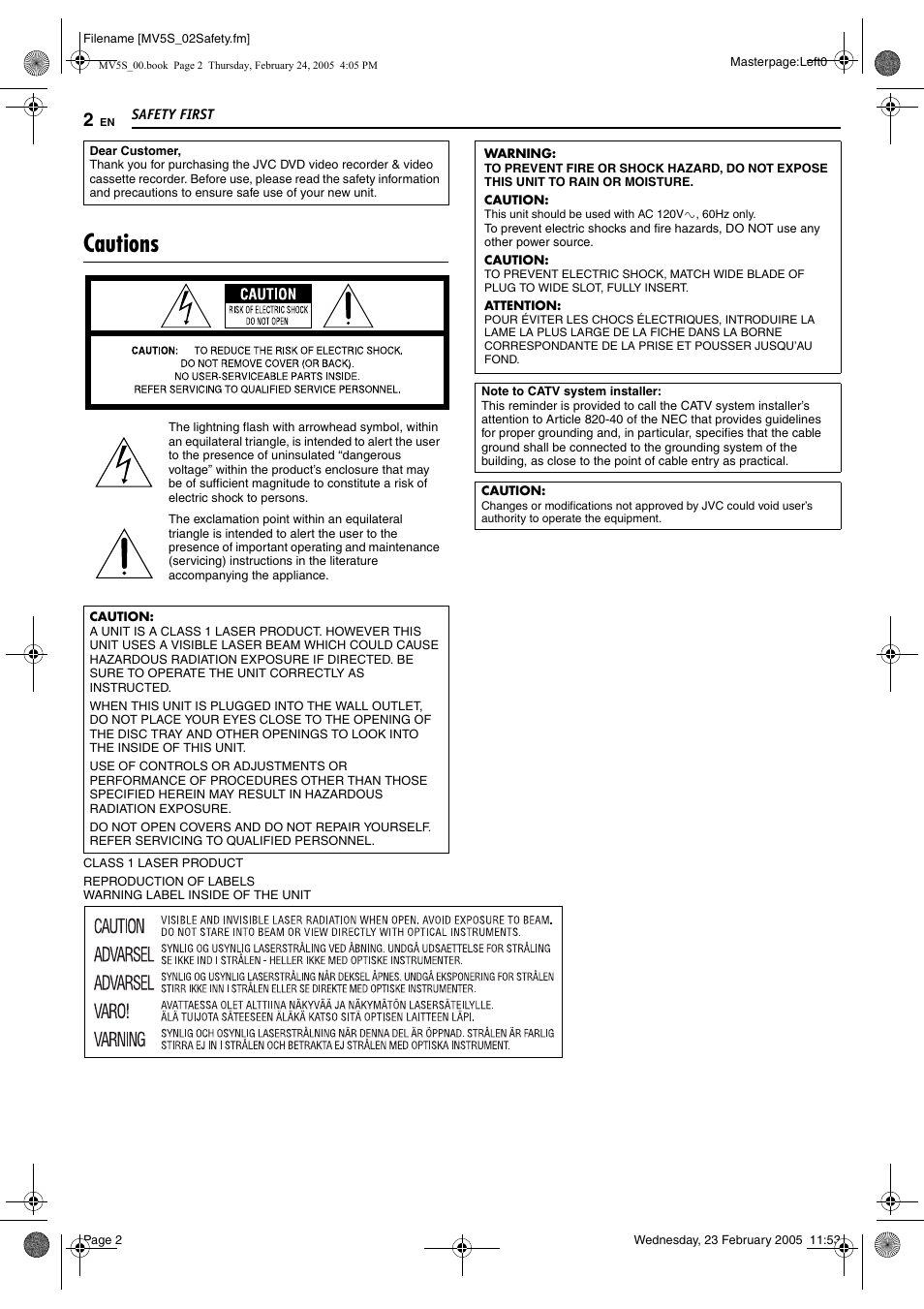 Safety first, Cautions | JVC DR-MV5S User Manual | Page 2 / 88