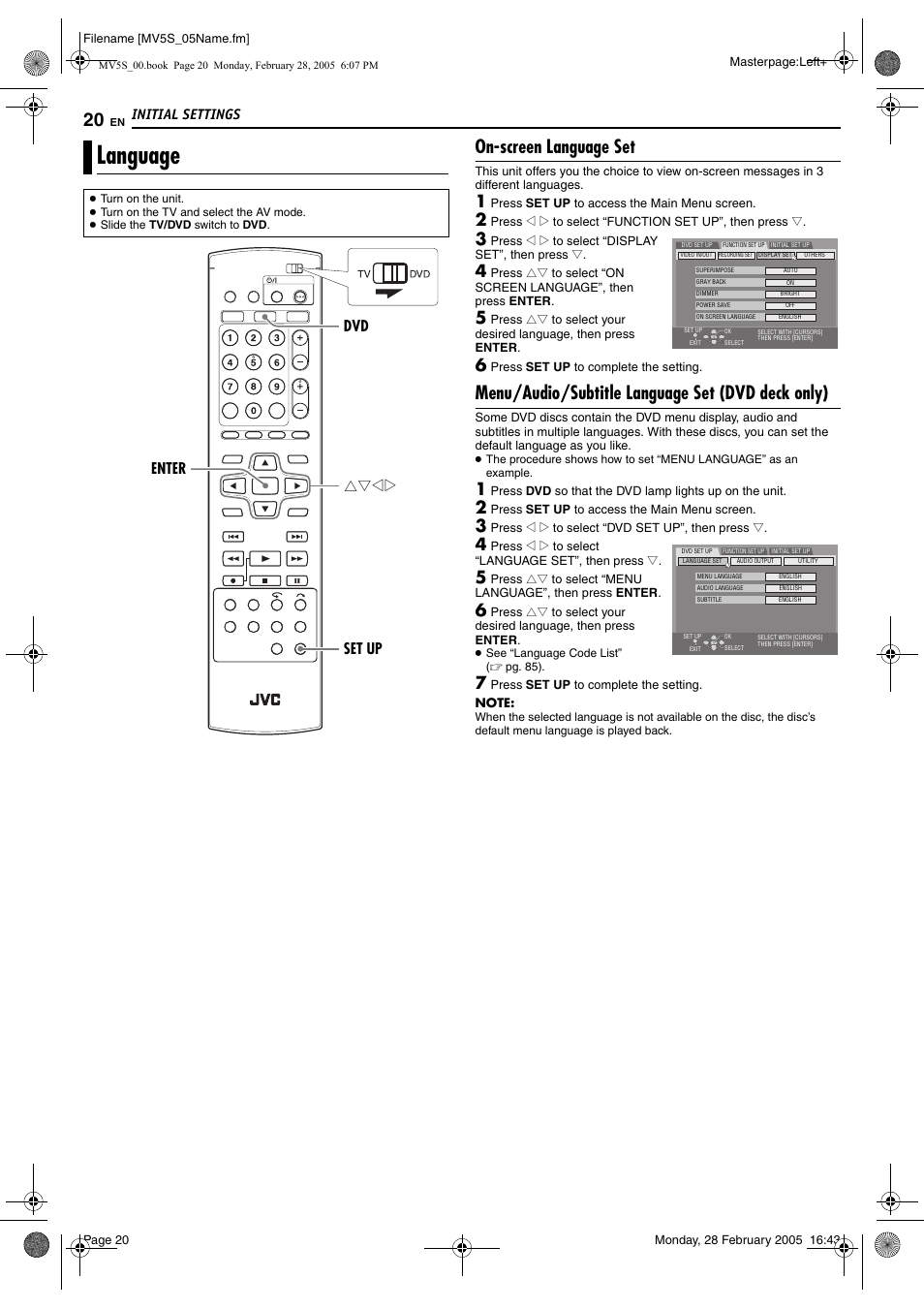 Language, Pg. 20, Enter) | On-screen language set, Menu/audio/subtitle language set (dvd deck only), Initial settings, Rtwe enter set up dvd | JVC DR-MV5S User Manual | Page 20 / 88