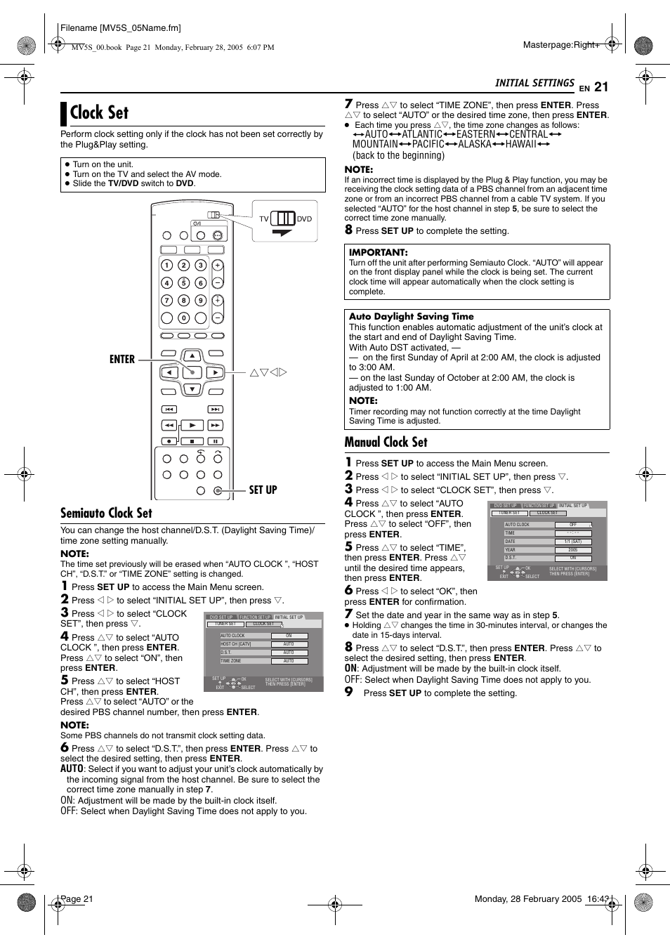 Clock set, T to “on, Pg. 21) | Pg. 21 – 22, M “semiauto clock set, Pg. 21) or, Manual clock set, M “manual clock set, Semiauto clock set, Initial settings | JVC DR-MV5S User Manual | Page 21 / 88