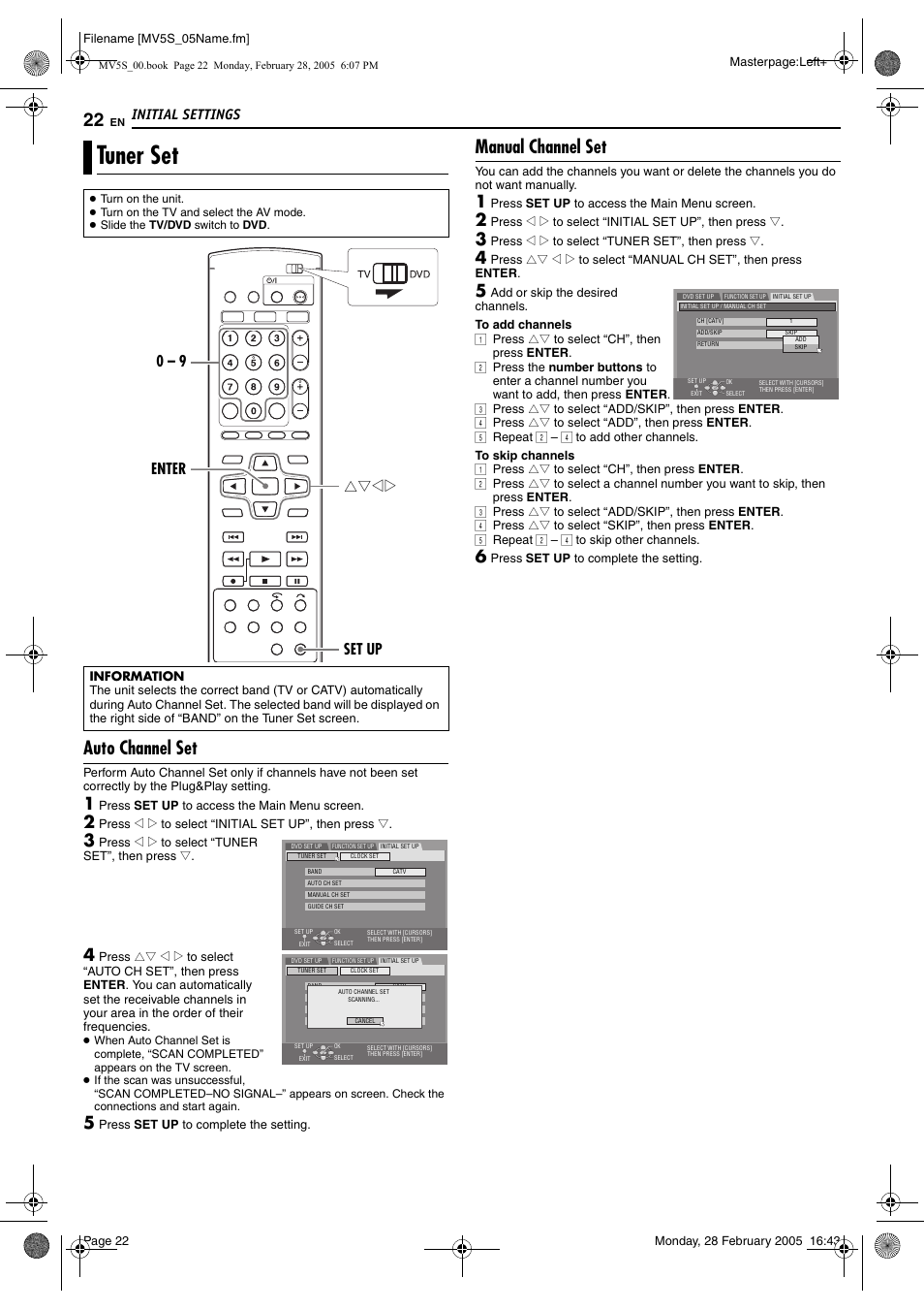 Tuner set, Buttons, Pg. 22 | Pg. 22), Manual channel set, Auto channel set, Manual channel set” (੬ pg. 22), Initial settings, Rtwe enter 0 – 9 set up | JVC DR-MV5S User Manual | Page 22 / 88