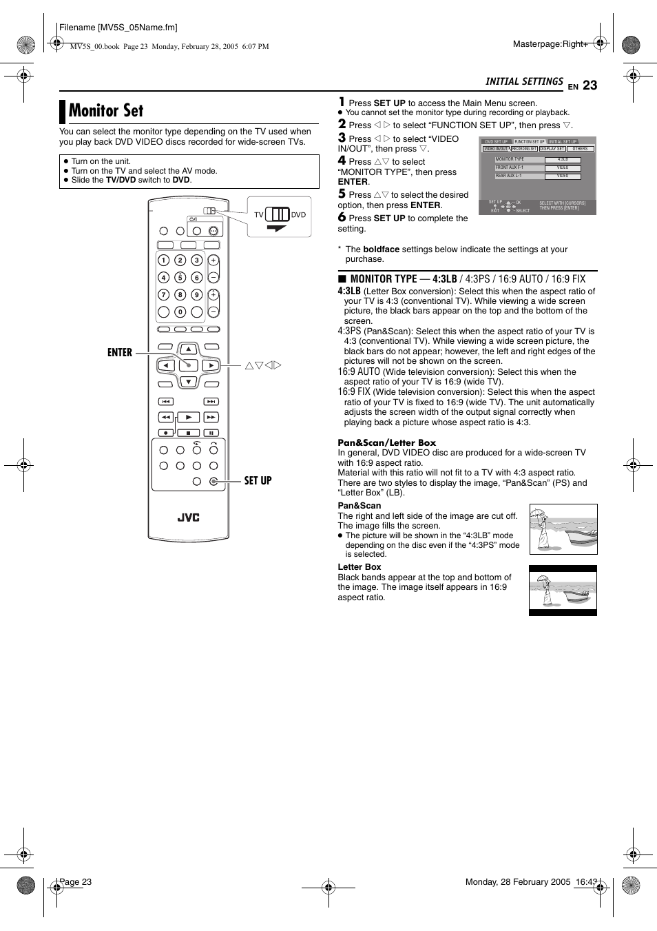 Monitor set | JVC DR-MV5S User Manual | Page 23 / 88