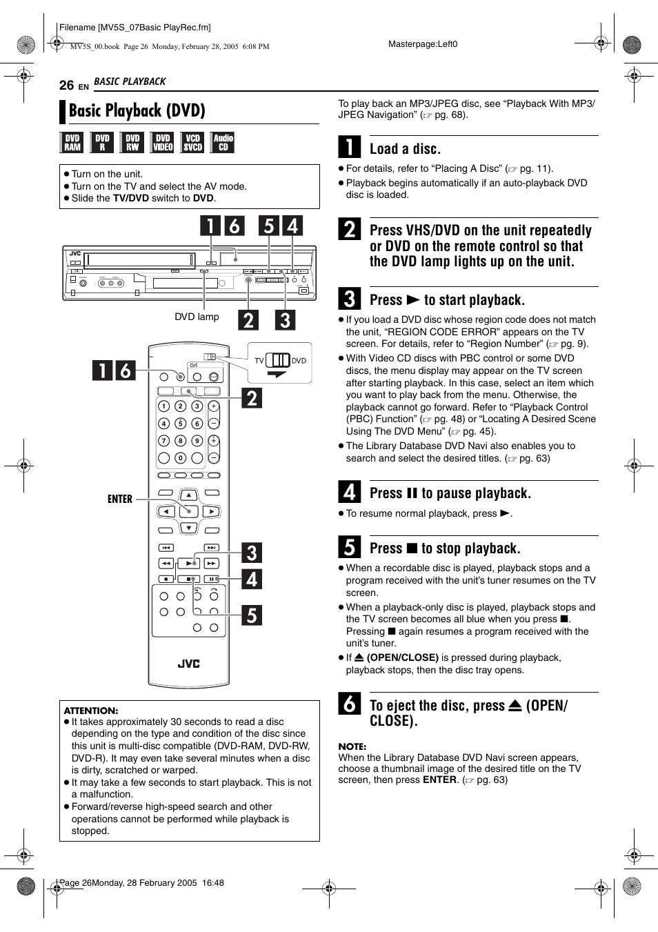 Basic playback, Basic playback (dvd), Pg. 26 | Pg. 26, 27, Pg. 26, 57, Load a disc, Press 4 to start playback, Press 9 to pause playback, Press 8 to stop playback | JVC DR-MV5S User Manual | Page 26 / 88