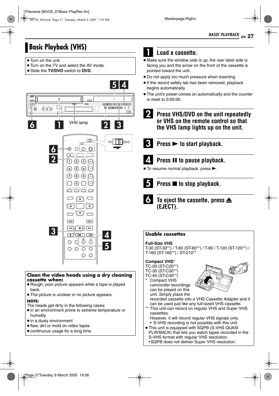 Basic playback (vhs), Pg. 27, Vhs lamp (vhs) | Pg. 57, Vhs button, Load a cassette, Press 4 to start playback, Press 9 to pause playback, Press 8 to stop playback | JVC DR-MV5S User Manual | Page 27 / 88