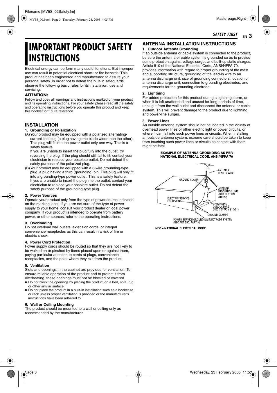 Important product safety instructions | JVC DR-MV5S User Manual | Page 3 / 88