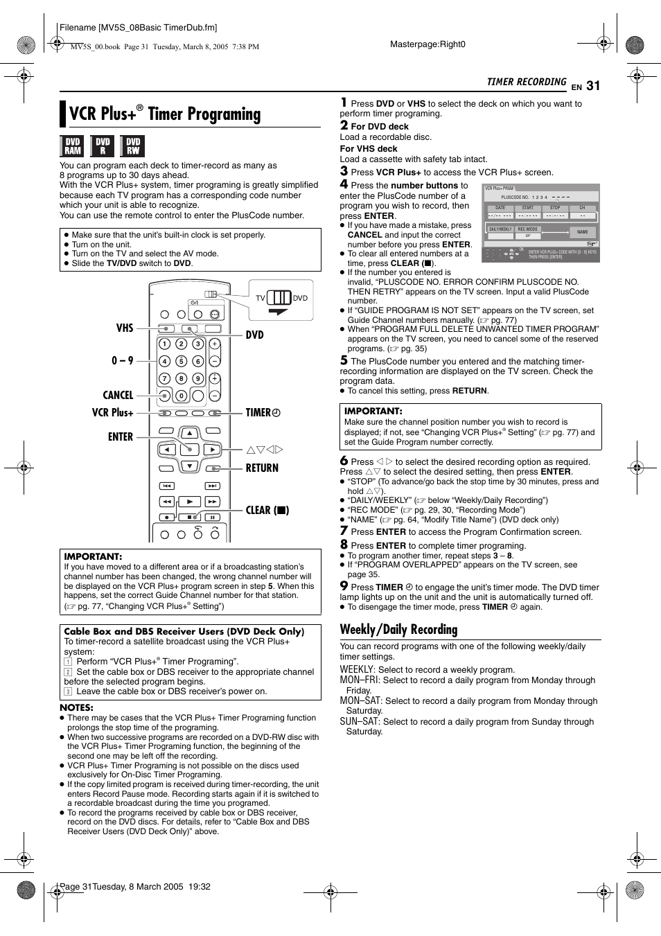 Timer recording, Vcr plus+r timer programing, Pg. 31 | Pg. 31, 32, 33, Vcr plus, Timer programing, Weekly/daily recording | JVC DR-MV5S User Manual | Page 31 / 88