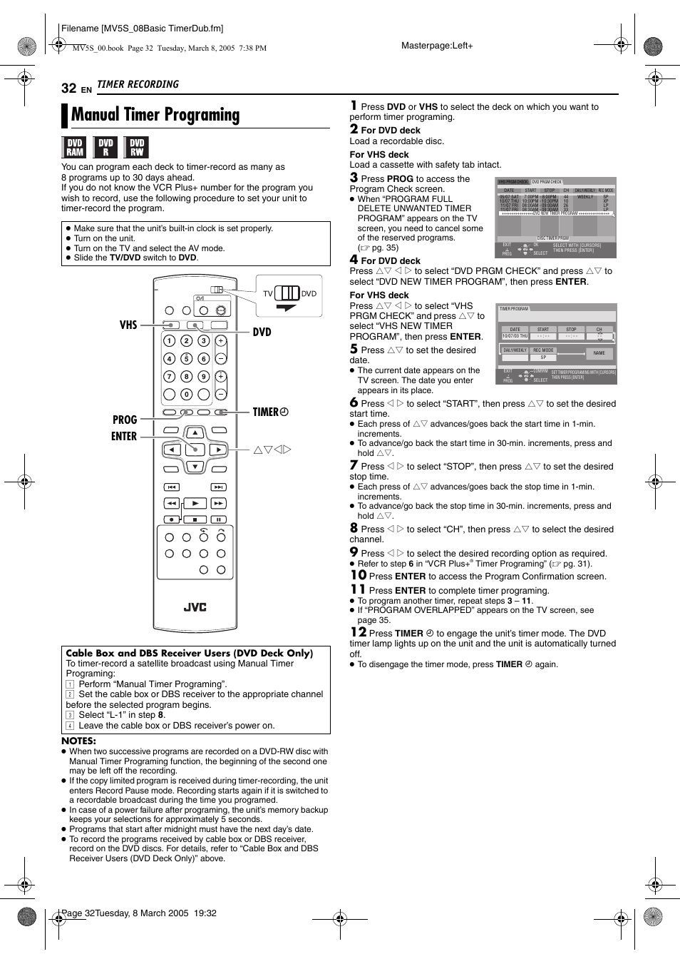 Manual timer programing, Pg. 32, 33, 35, 32), th | Timer recording, Rtwe enter dvd vhs timer prog | JVC DR-MV5S User Manual | Page 32 / 88