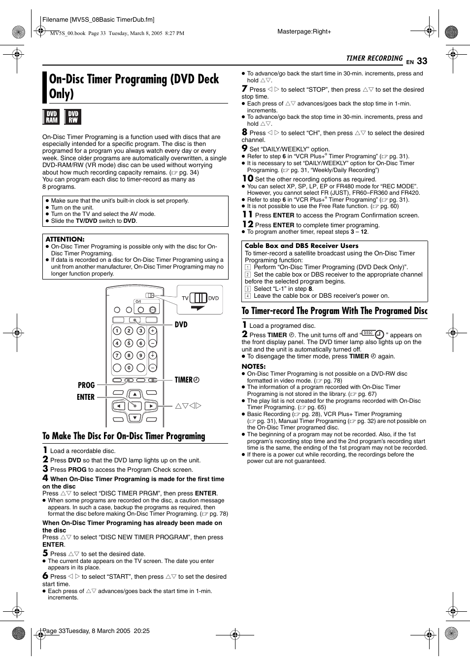 On-disc timer programing (dvd deck only), Indicator, Pg. 33 | JVC DR-MV5S User Manual | Page 33 / 88