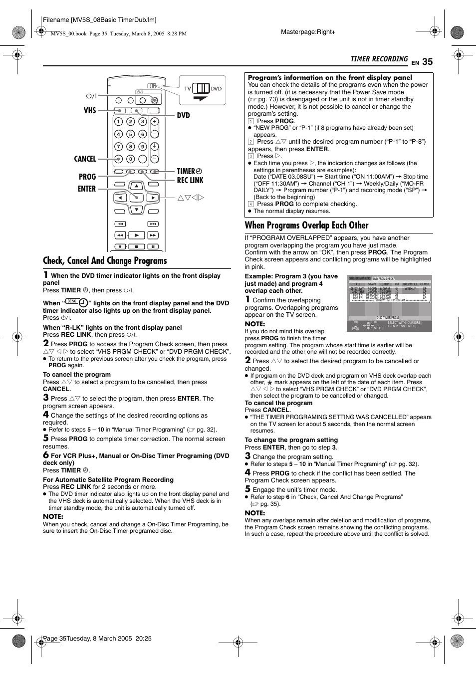 Pg. 35), Check, cancel and change programs, When programs overlap each other | Timer recording, Rtwe enter vhs prog timer dvd cancel rec link | JVC DR-MV5S User Manual | Page 35 / 88