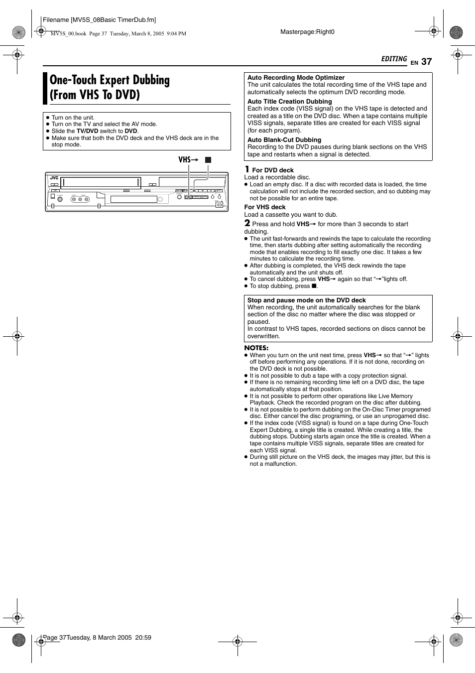 Editing, One-touch expert dubbing (from vhs to dvd), Pg. 37 | JVC DR-MV5S User Manual | Page 37 / 88