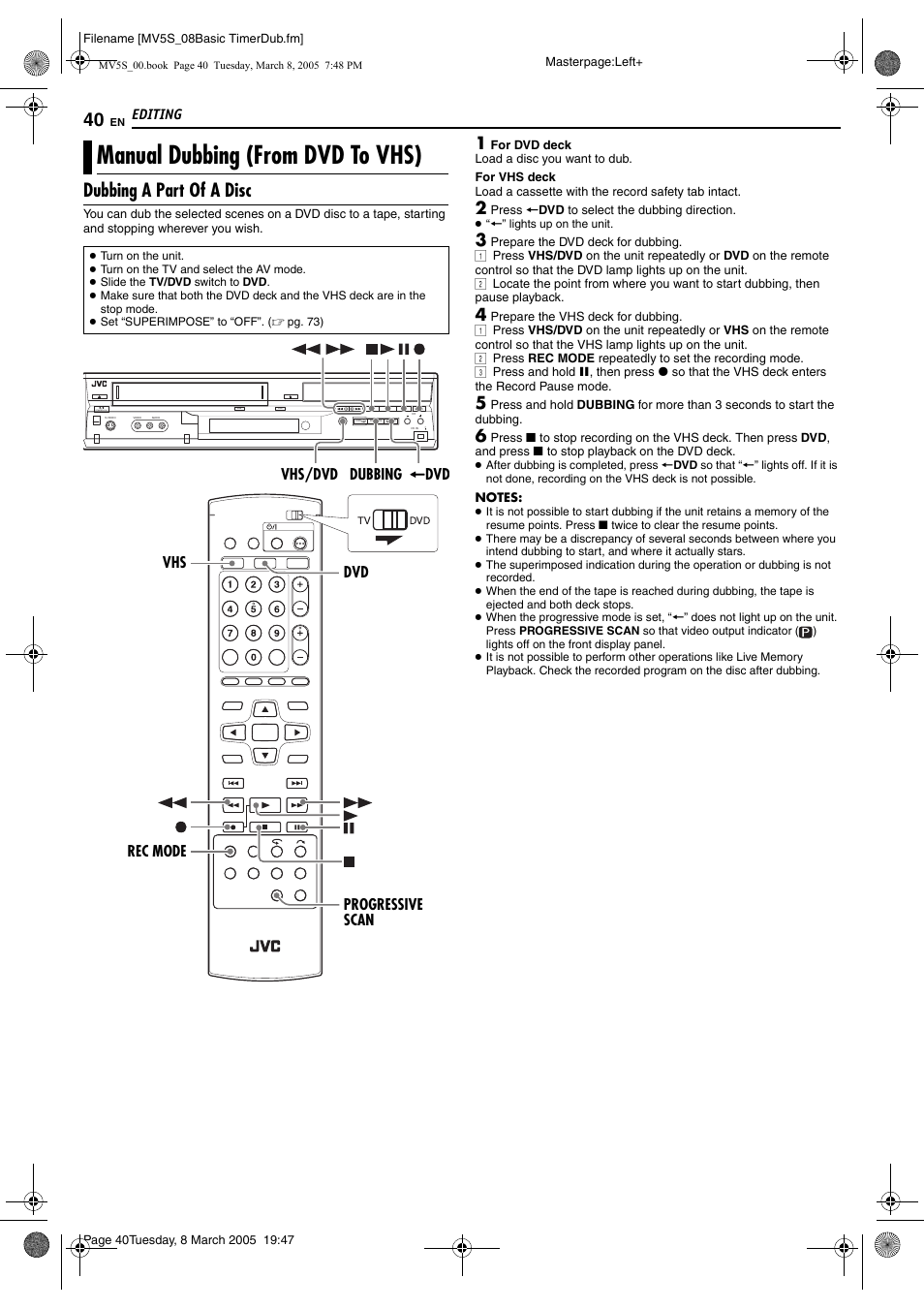 Manual dubbing (from dvd to vhs), Dubbing a part of a disc | JVC DR-MV5S User Manual | Page 40 / 88