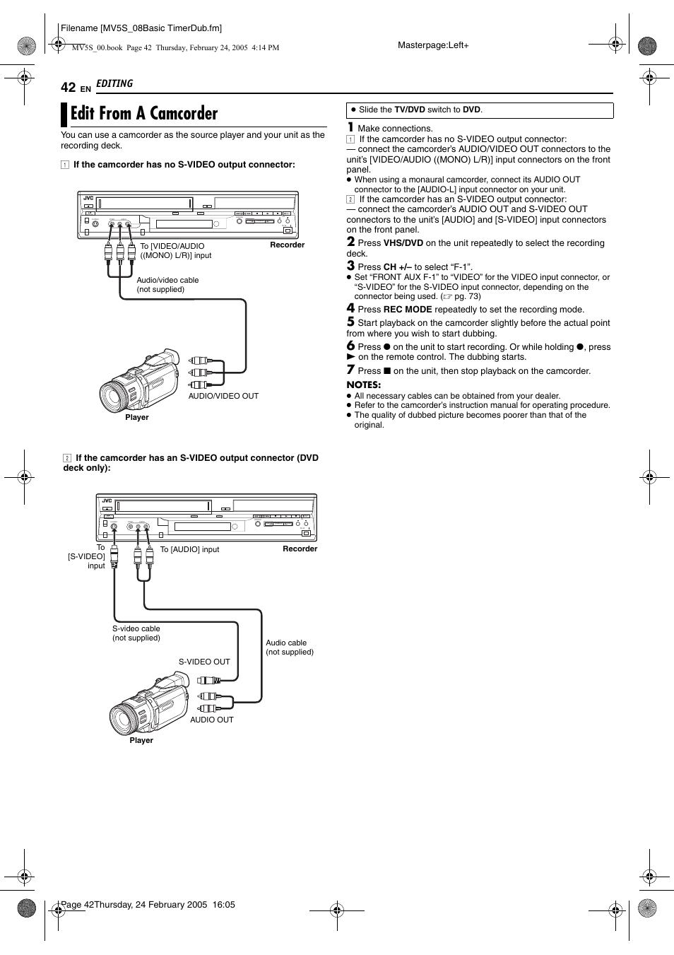 Edit from a camcorder, Pg. 42, Editing | Dvd vhs, Standby/on | JVC DR-MV5S User Manual | Page 42 / 88