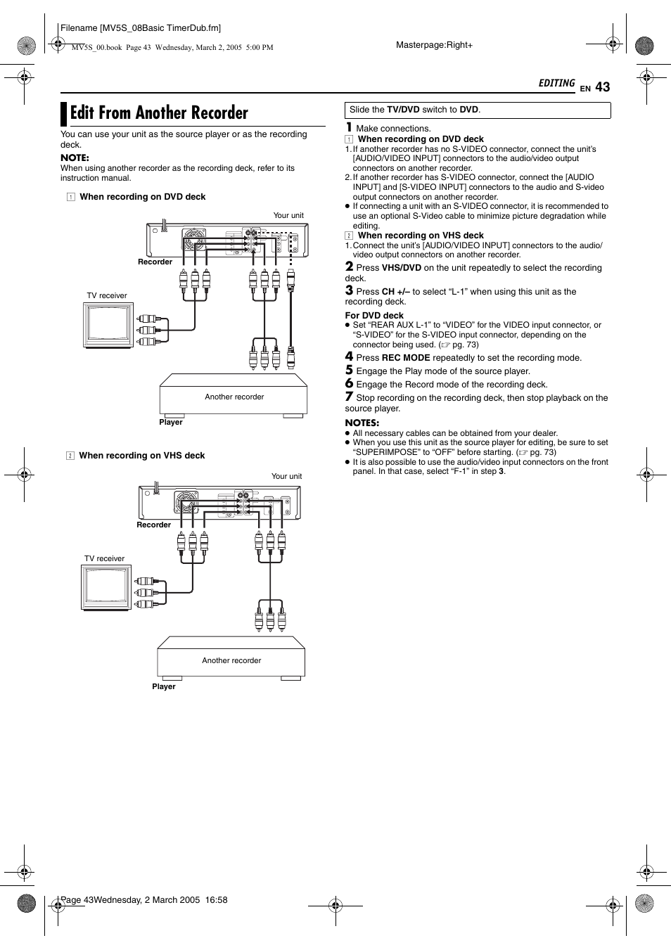 Edit from another recorder, Pg. 43, L-1)) | JVC DR-MV5S User Manual | Page 43 / 88