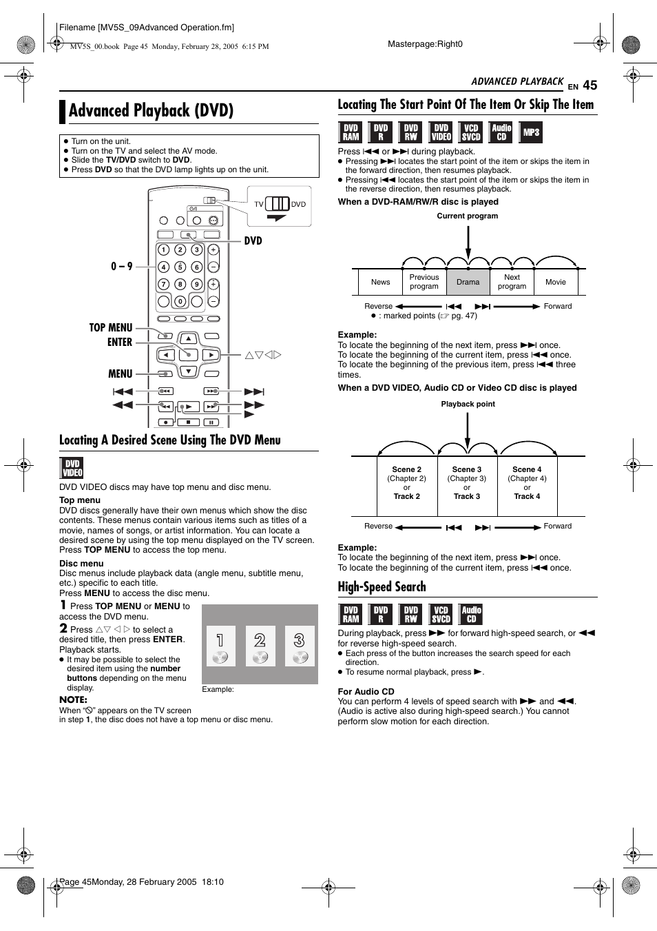 Advanced playback, Advanced playback (dvd), Pg. 45, 52 | Pg. 45, Pg. 45, 47, Pg. 45, 5, Pg. 45, 4, The library database dvd navi also ena, Locating a desired scene using the dvd menu, High-speed search | JVC DR-MV5S User Manual | Page 45 / 88