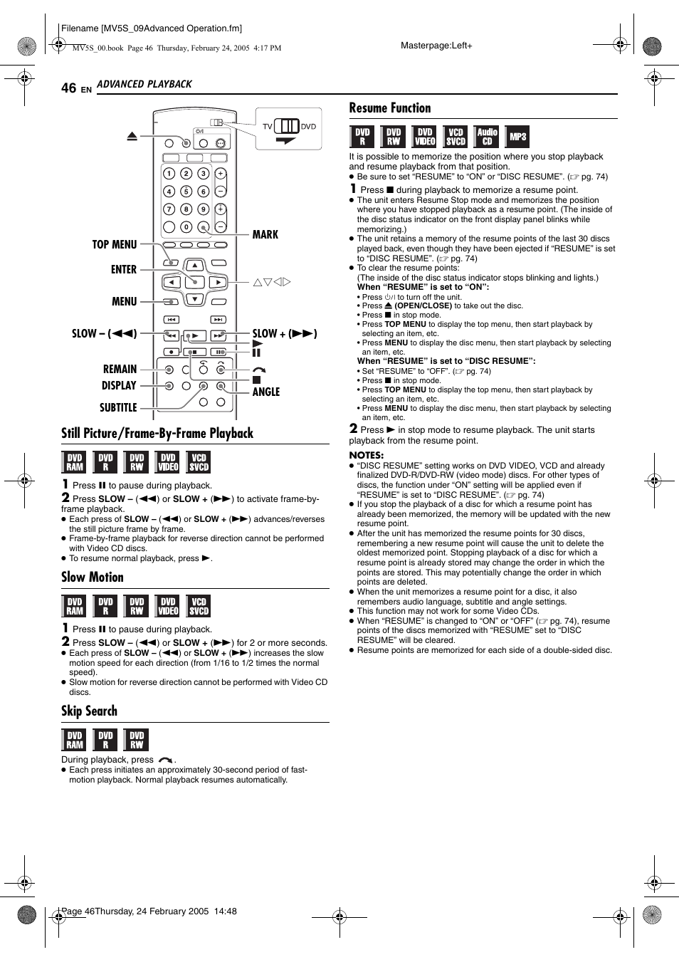 Pg. 46, Pg. 46, 52, Still picture/frame-by-frame playback | Slow motion, Skip search, Resume function | JVC DR-MV5S User Manual | Page 46 / 88