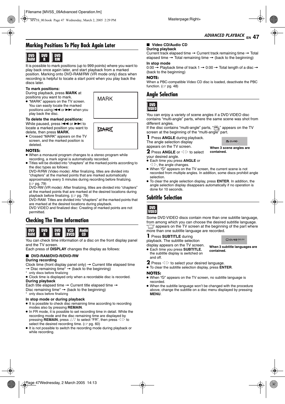 Pg. 47, 5, Pg. 47, 59, Pg. 47 | Mark), Marking positions to play back again later, Checking the time information, Angle selection, Subtitle selection | JVC DR-MV5S User Manual | Page 47 / 88