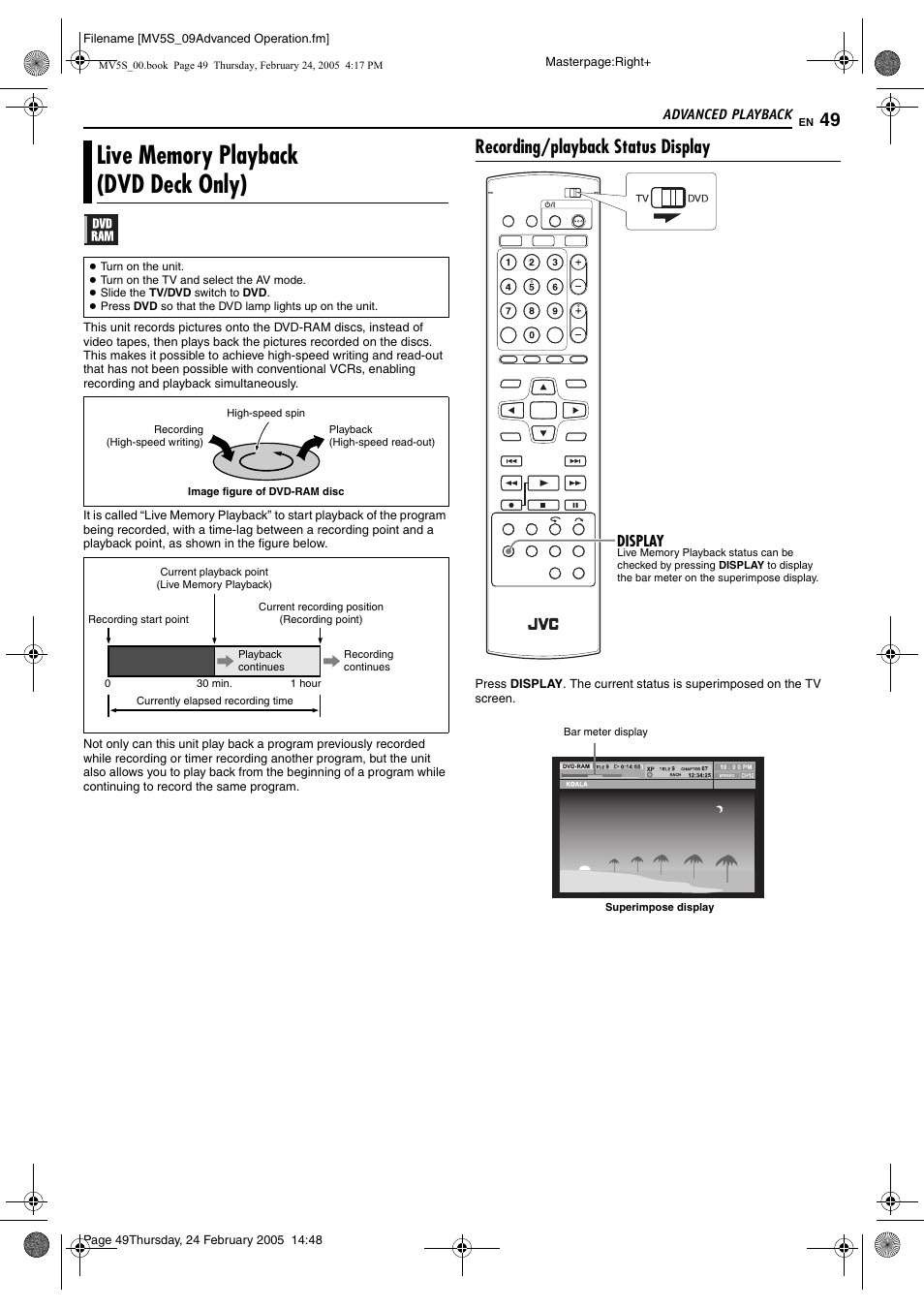 Live memory playback (dvd deck only), Recording/playback status display | JVC DR-MV5S User Manual | Page 49 / 88