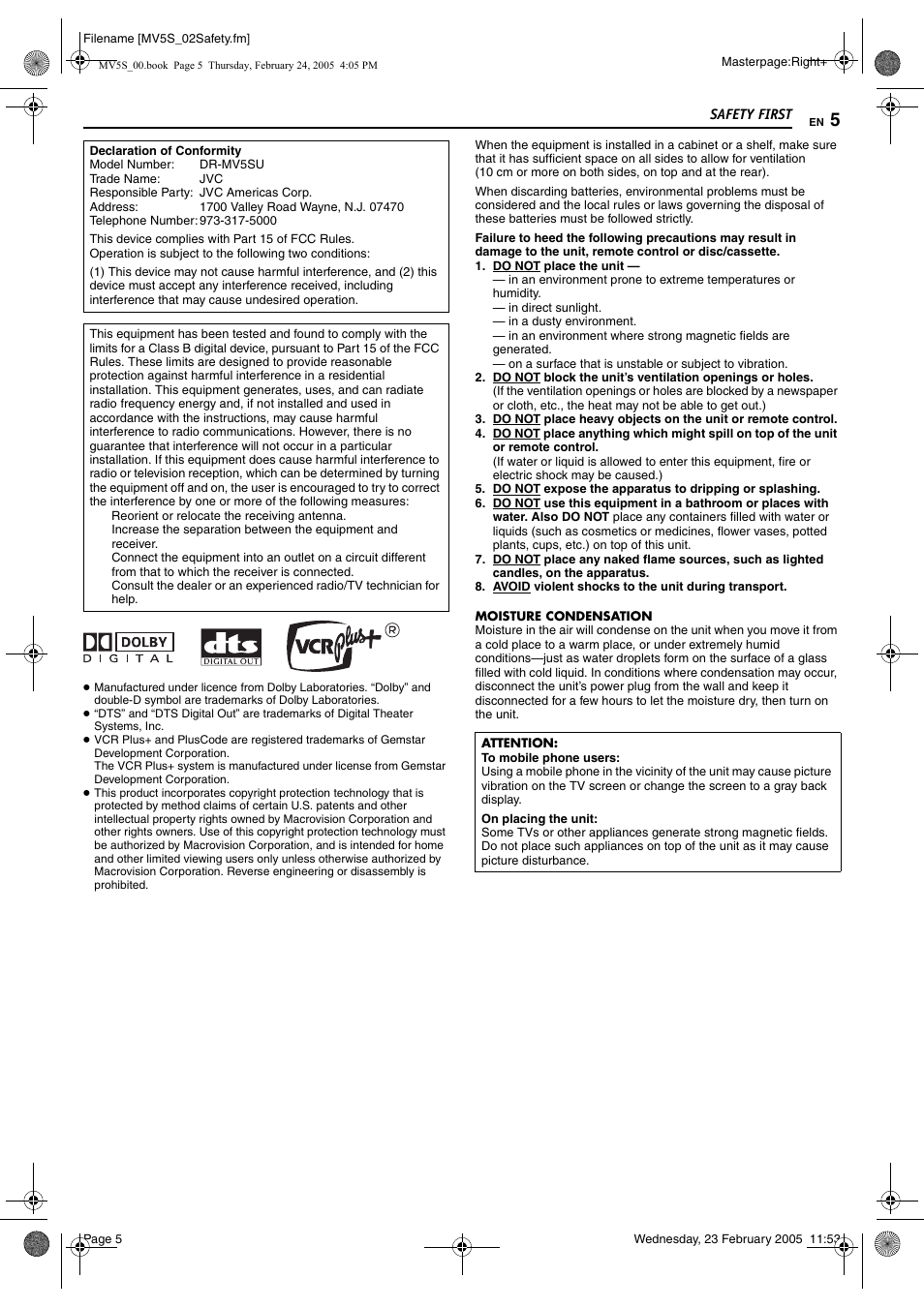 JVC DR-MV5S User Manual | Page 5 / 88