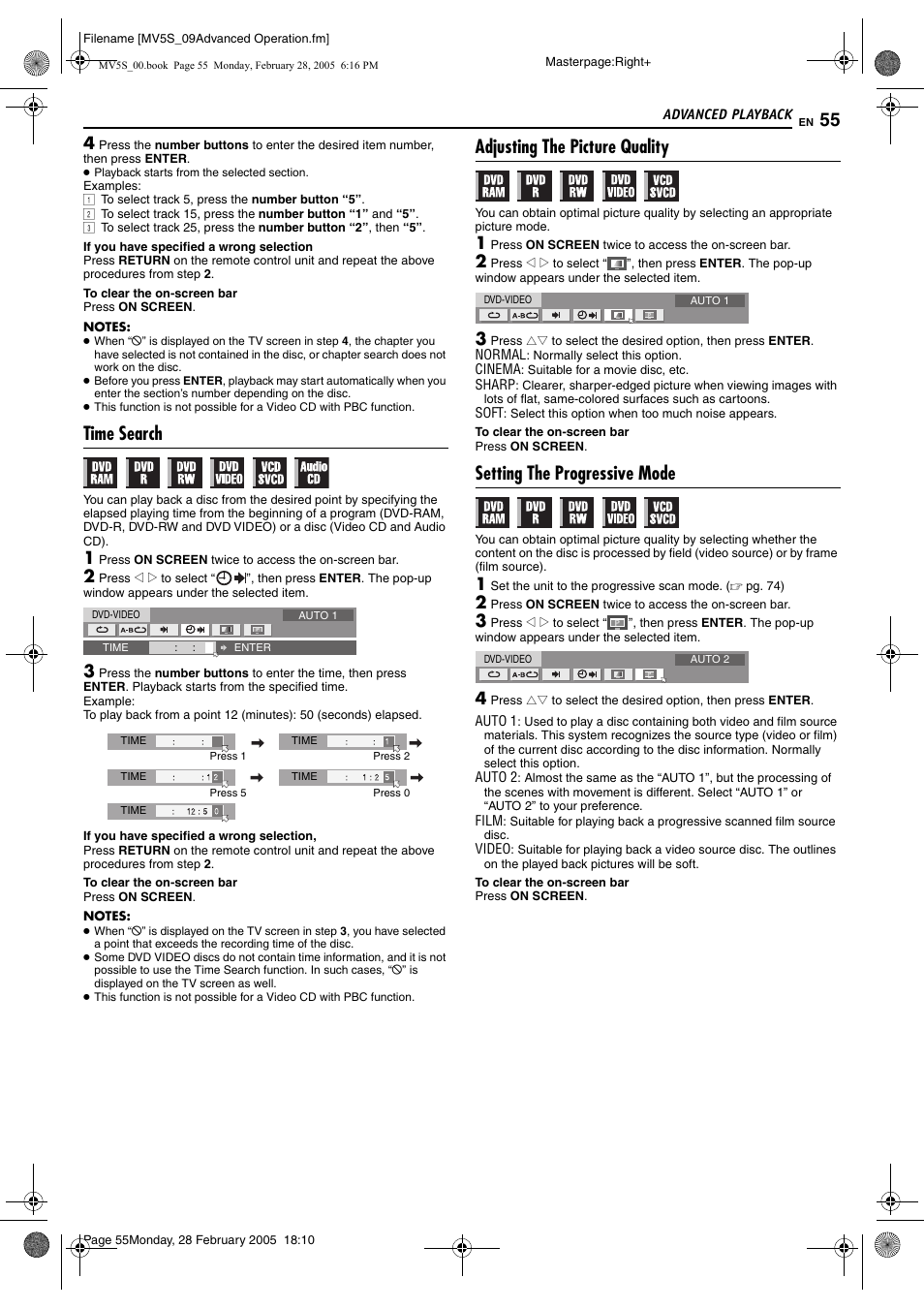 Pg. 55), Or picture control function, Time search | Adjusting the picture quality, Setting the progressive mode | JVC DR-MV5S User Manual | Page 55 / 88