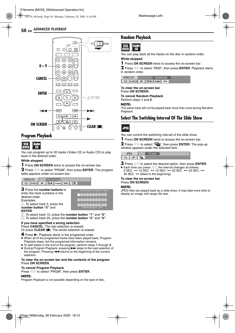 Pg. 56, Pg. 56), Program playback | Random playback, Select the switching interval of the slide show | JVC DR-MV5S User Manual | Page 56 / 88