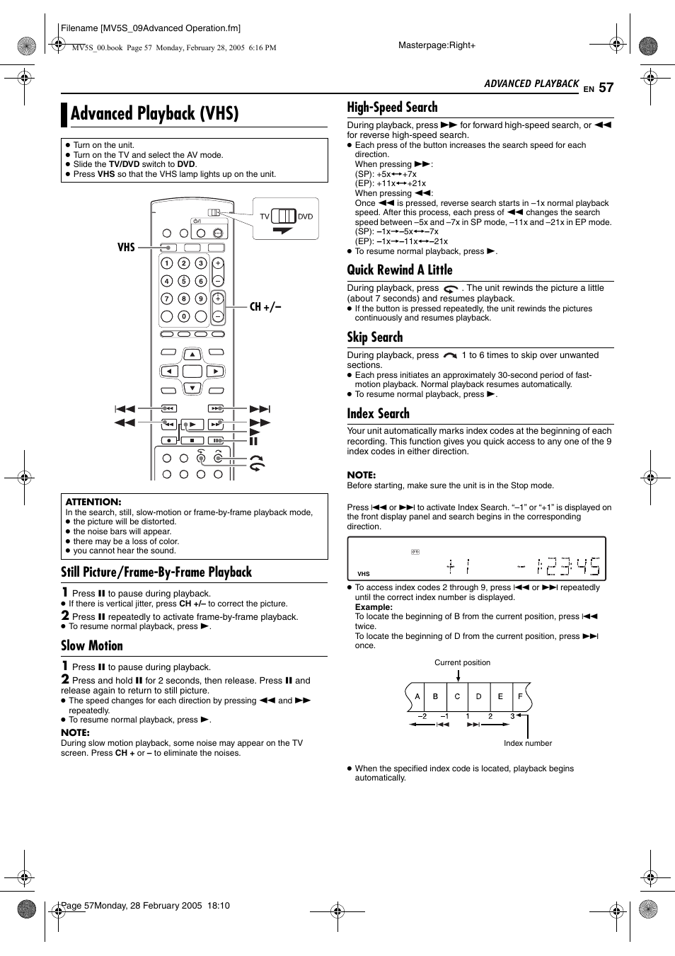 Advanced playback (vhs), Pg. 57, Still picture/frame-by-frame playback | Slow motion, High-speed search, Quick rewind a little, Skip search, Index search | JVC DR-MV5S User Manual | Page 57 / 88