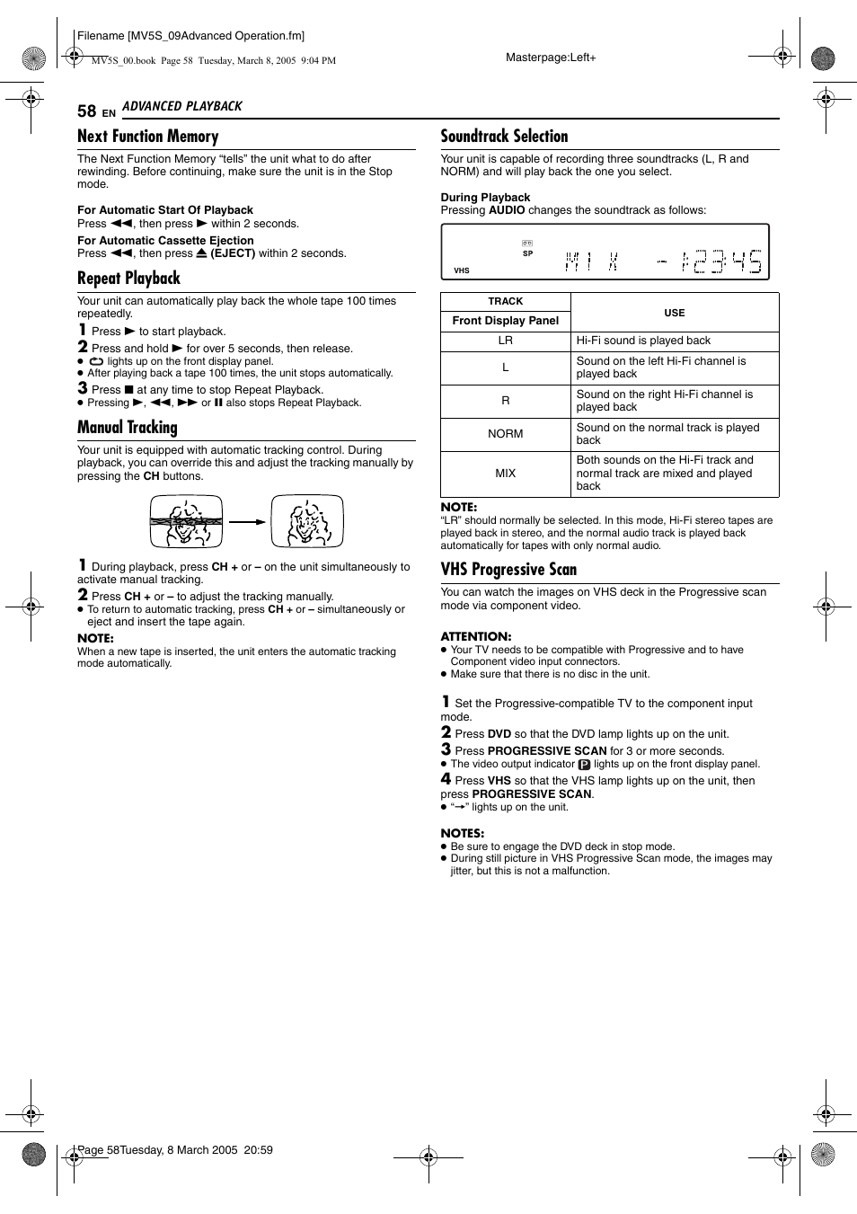 O “vhs progressive scan, Pg. 58), Pg. 58 | Repeat playback, Manual tracking, Soundtrack selection, Vhs progressive scan | JVC DR-MV5S User Manual | Page 58 / 88
