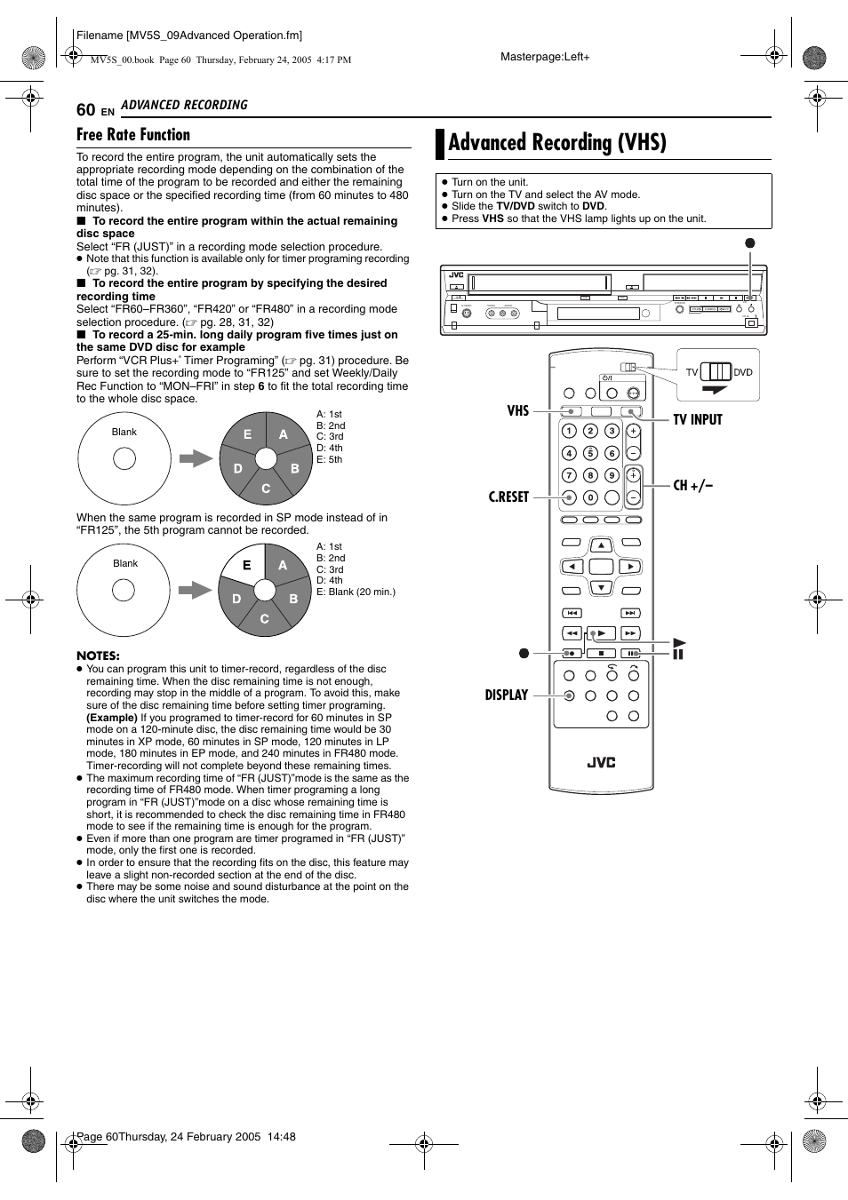 Advanced recording (vhs), Free rate function, Pg. 60) | Select “fr, Advanced recording, Display ch +/– tv input c.reset vhs | JVC DR-MV5S User Manual | Page 60 / 88