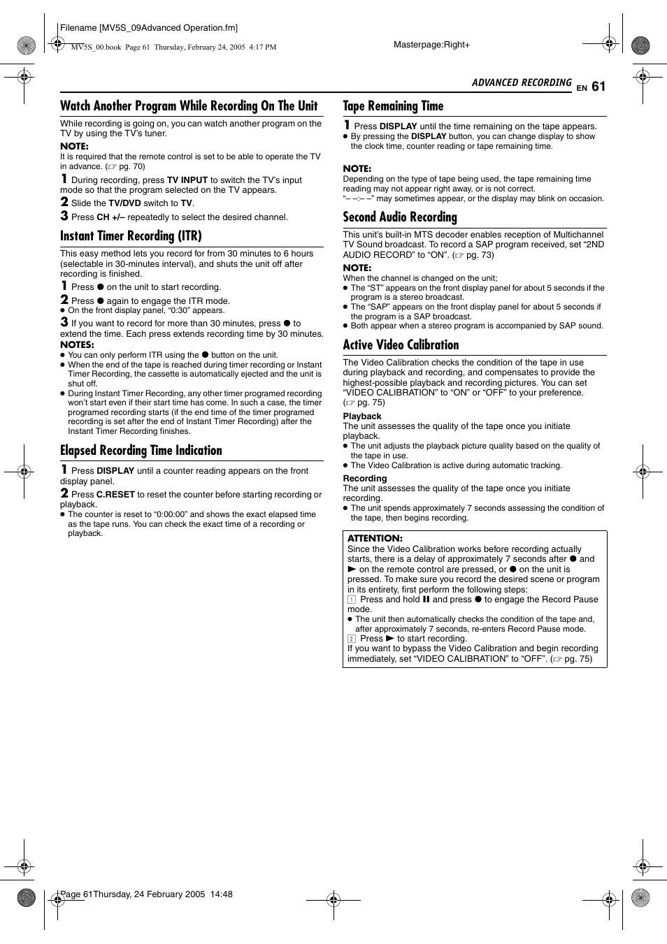 Pg. 61, Recording (itr), Pg. 61) or | Watch another program while recording on the unit, Instant timer recording (itr), Elapsed recording time indication, Tape remaining time, Second audio recording, Active video calibration | JVC DR-MV5S User Manual | Page 61 / 88