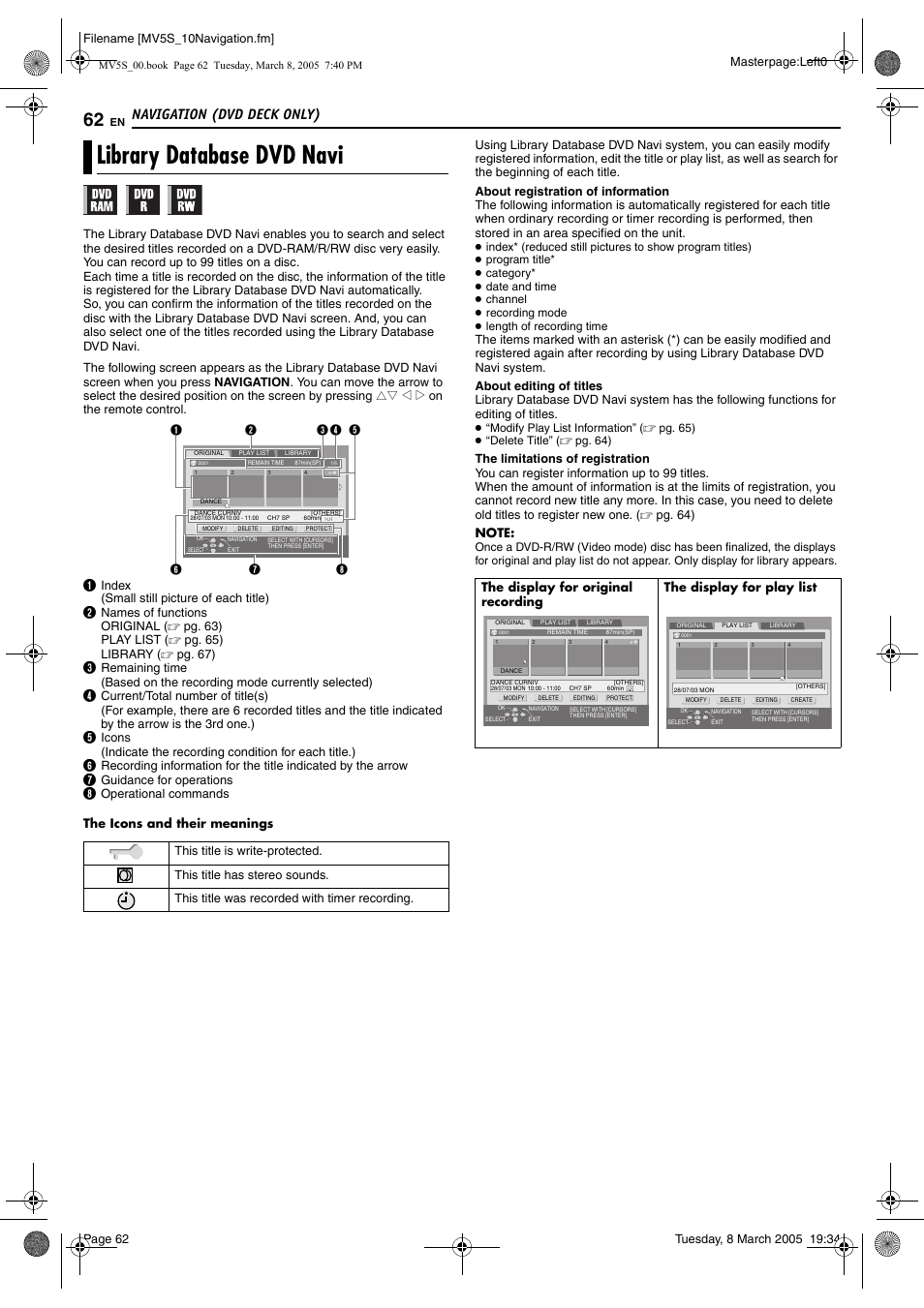 Navigation (dvd deck only), Library database dvd navi, Pg. 62 | Pg. 62) t, Pg. 62) | JVC DR-MV5S User Manual | Page 62 / 88