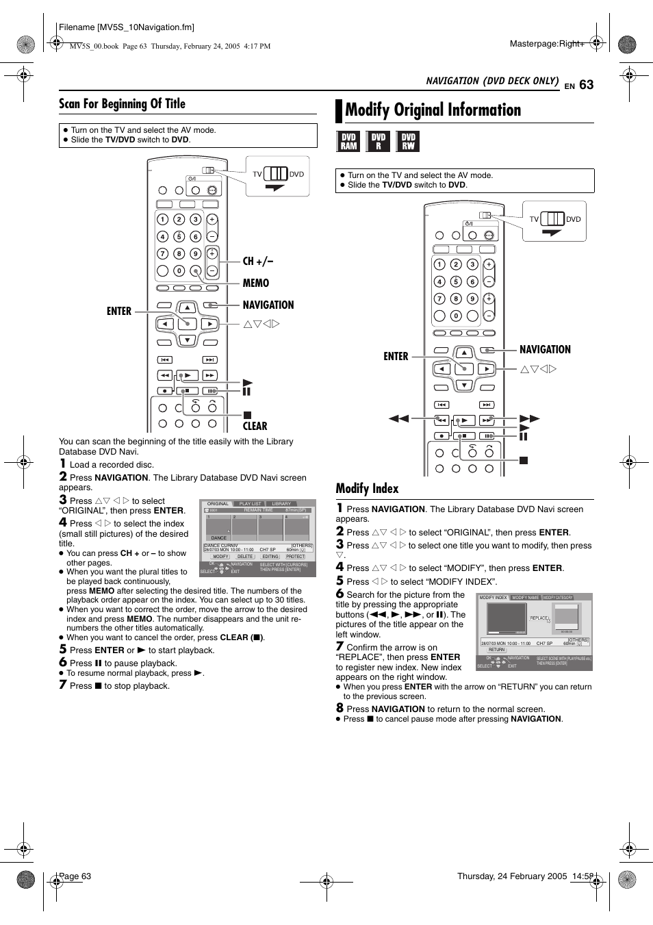 Modify original information, Pg. 63, 66, Pg. 63, 6 | Original, Pg. 63), Scan for beginning of title, Modify index, Navigation (dvd deck only), Rtwe enter navigation | JVC DR-MV5S User Manual | Page 63 / 88
