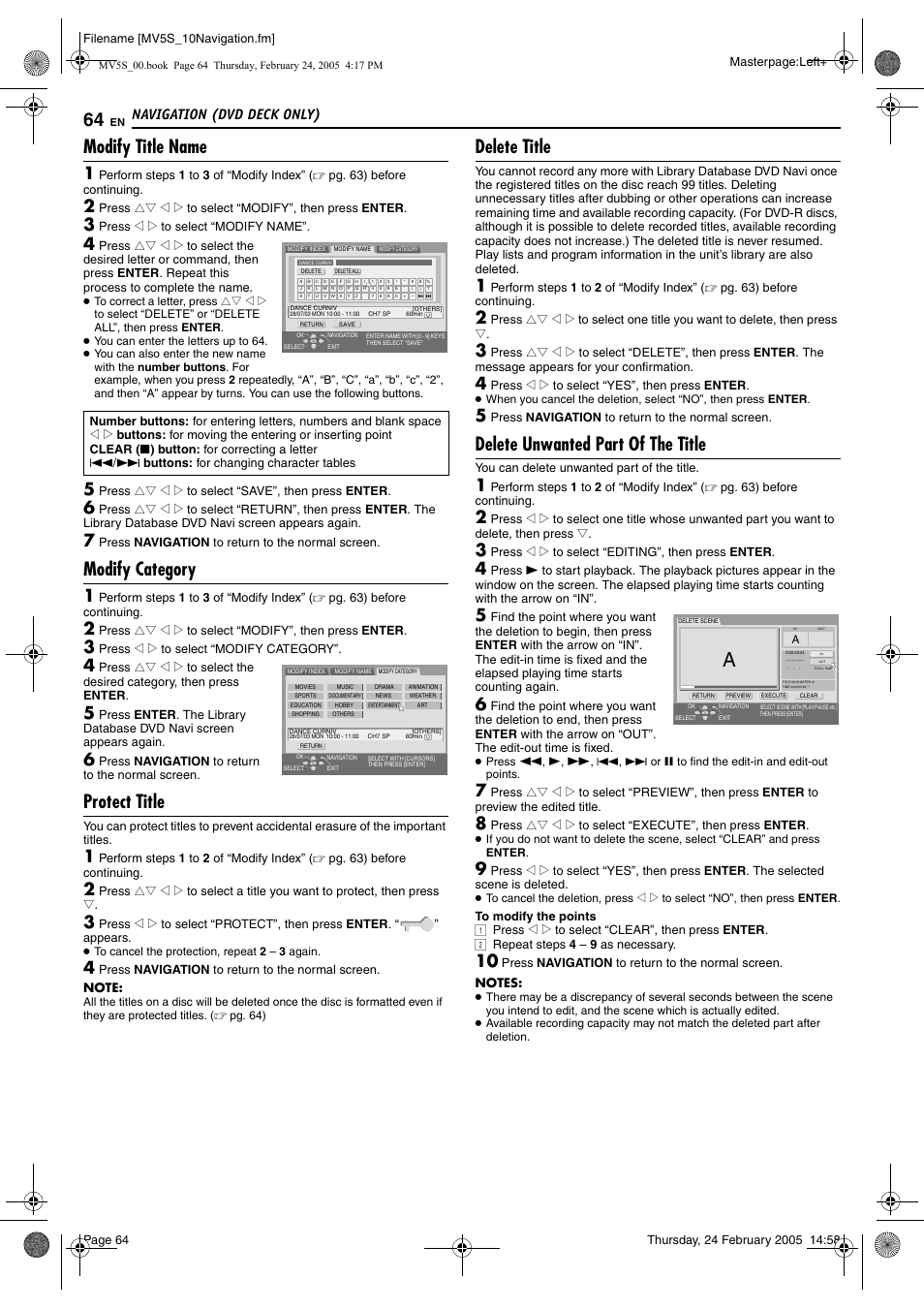 Pg. 64, “modify title name”) (d, Delete title, Pg. 64) | Modify title name, Modify category, Protect title, Delete unwanted part of the title, Navigation (dvd deck only) | JVC DR-MV5S User Manual | Page 64 / 88