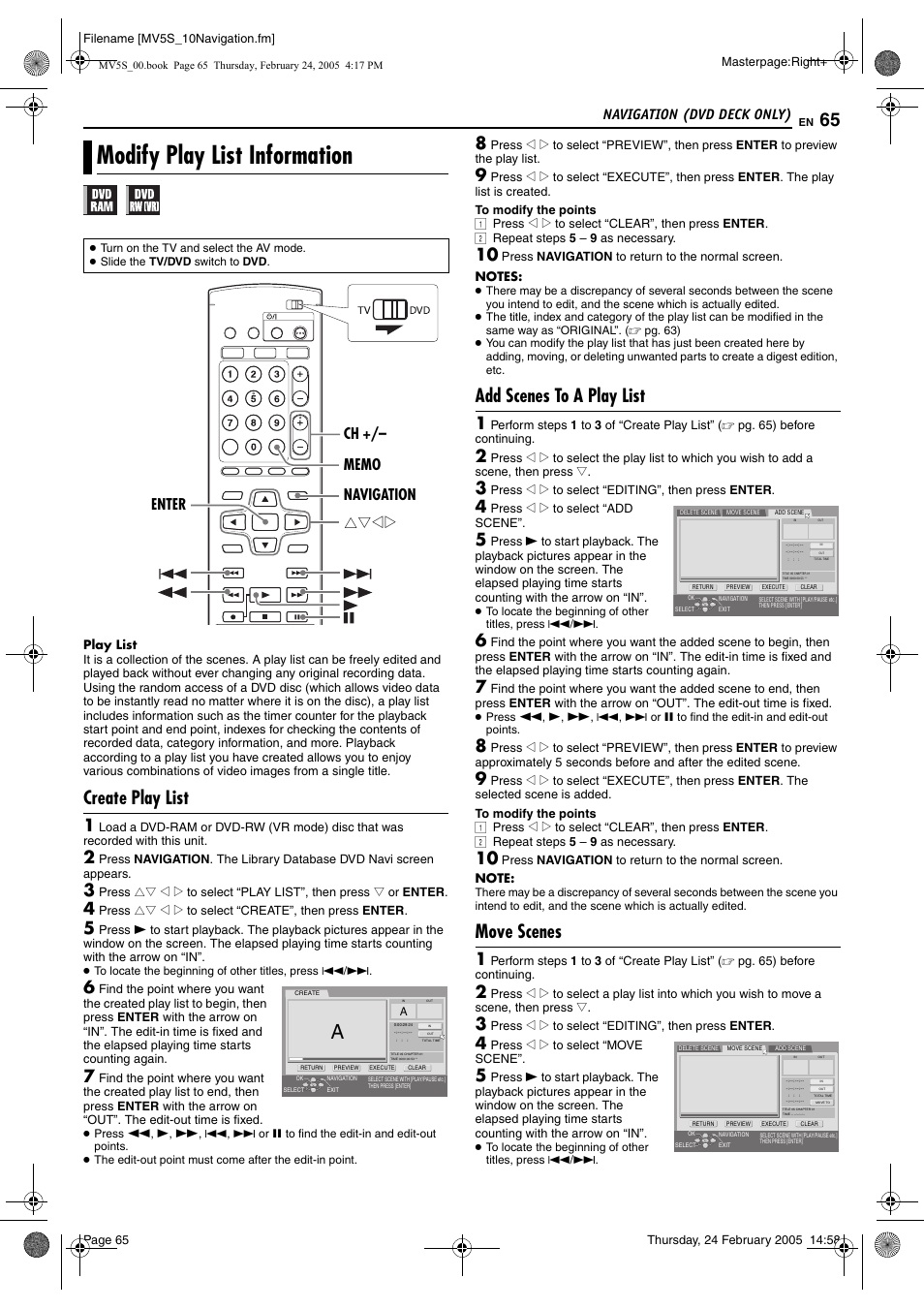 Modify play list information, Ng stop time and, Pg. 65) | Create play list, Add scenes to a play list, Move scenes, Navigation (dvd deck only) | JVC DR-MV5S User Manual | Page 65 / 88