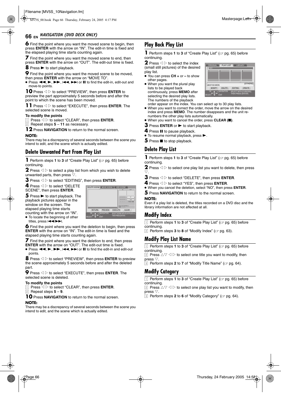 Delete unwanted part from play list, Play back play list, Delete play list | Modify index, Modify play list name, Modify category, Navigation (dvd deck only) | JVC DR-MV5S User Manual | Page 66 / 88