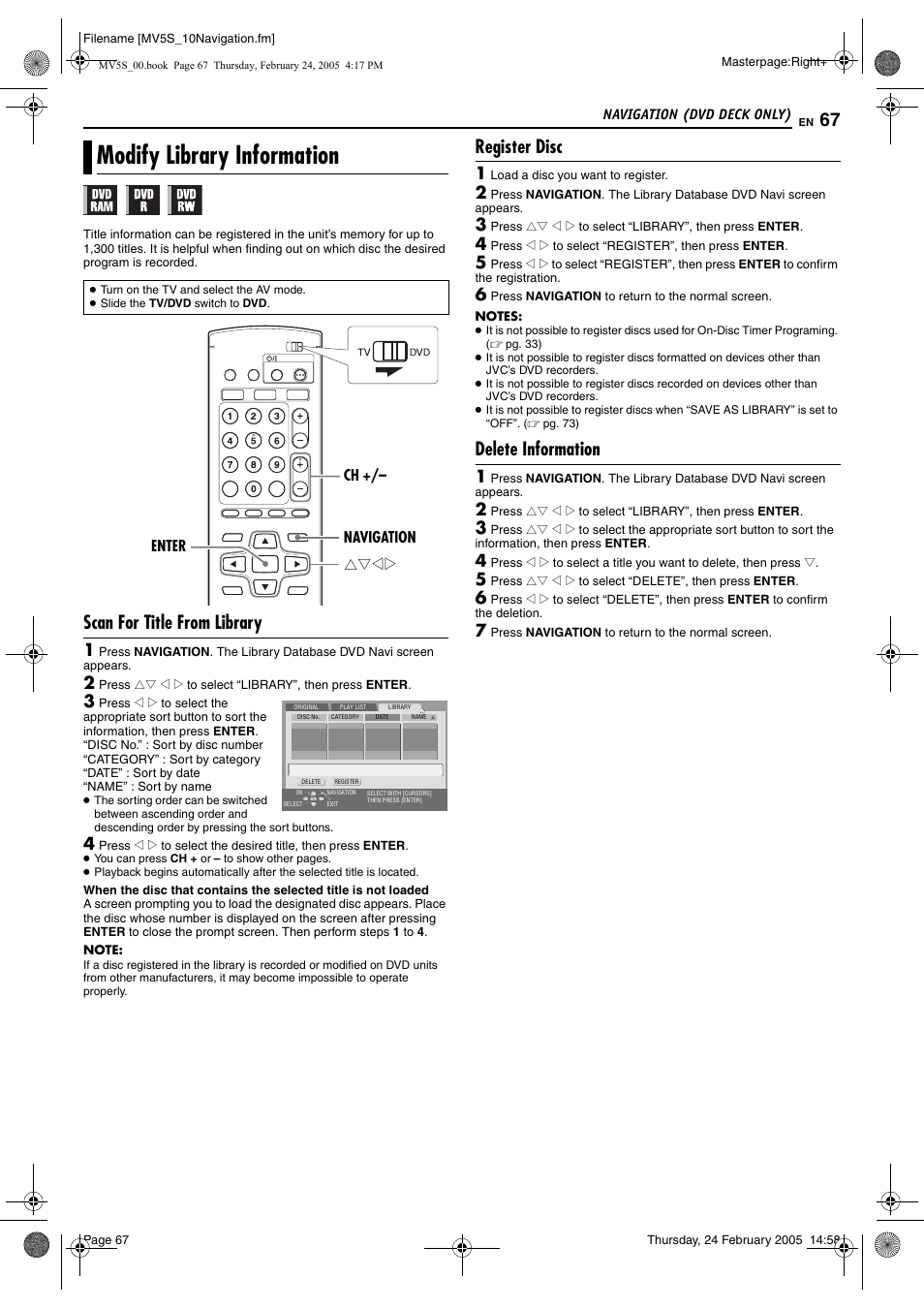 Modify library information, Pg. 67), Scan for title from library | Register disc, Delete information | JVC DR-MV5S User Manual | Page 67 / 88