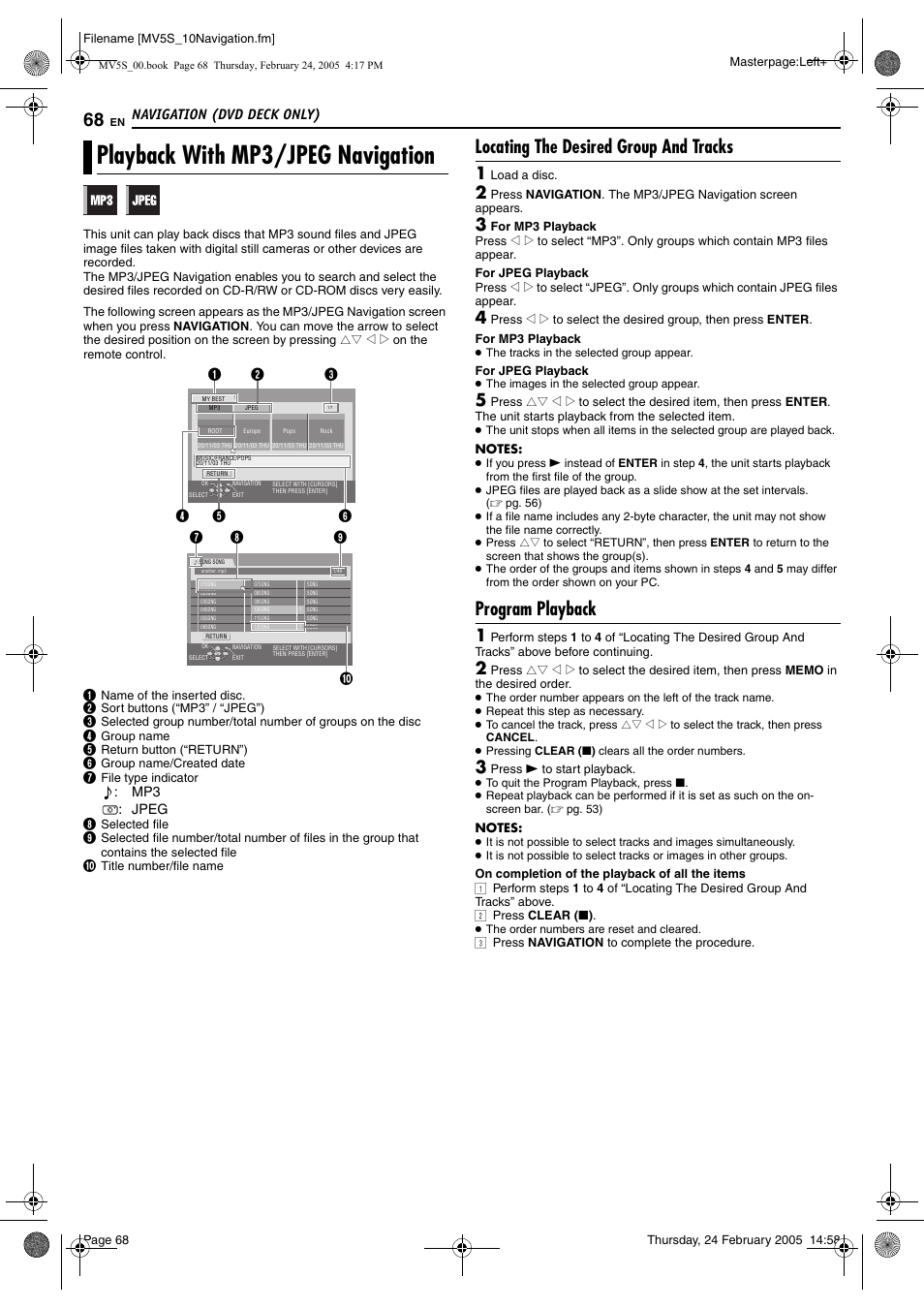 Playback with mp3/jpeg navigation, This unit, Pg. 68) | E “playback with mp3/ jpeg navigation, Locating the desired group and tracks, Program playback, Navigation (dvd deck only) | JVC DR-MV5S User Manual | Page 68 / 88