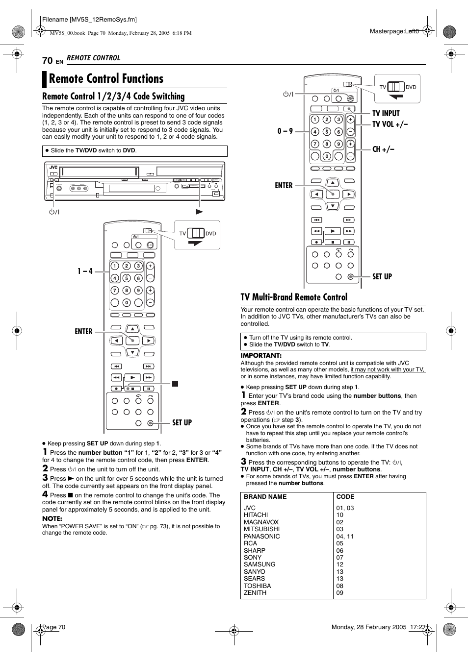 Remote control, Remote control functions, Pg. 70 | Pg. 70), Remote control 1/2/3/4 code switching, Tv multi-brand remote control | JVC DR-MV5S User Manual | Page 70 / 88