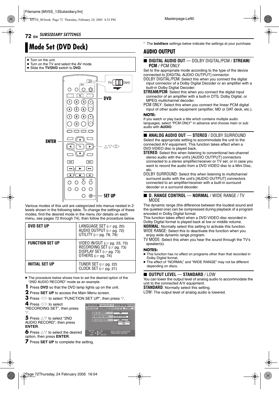 Subsidiary settings, Mode set (dvd deck), Pg. 72) | Audio output | JVC DR-MV5S User Manual | Page 72 / 88