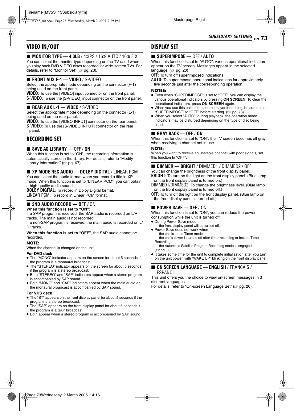 Pg. 73) f, Pg. 73) is disengaged o, R the s-video input connector | Pg. 73), Video in/out, Recording set, Display set | JVC DR-MV5S User Manual | Page 73 / 88