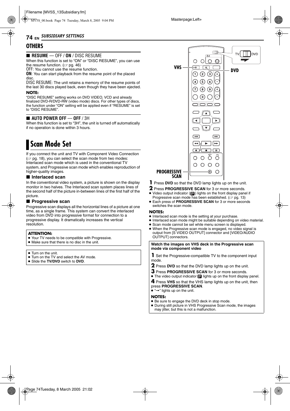 Scan mode set, Pg. 74, Pg. 58, 7 | Pg. 74), Others | JVC DR-MV5S User Manual | Page 74 / 88