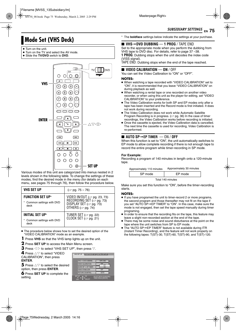 Mode set (vhs deck), Pg. 75) | JVC DR-MV5S User Manual | Page 75 / 88