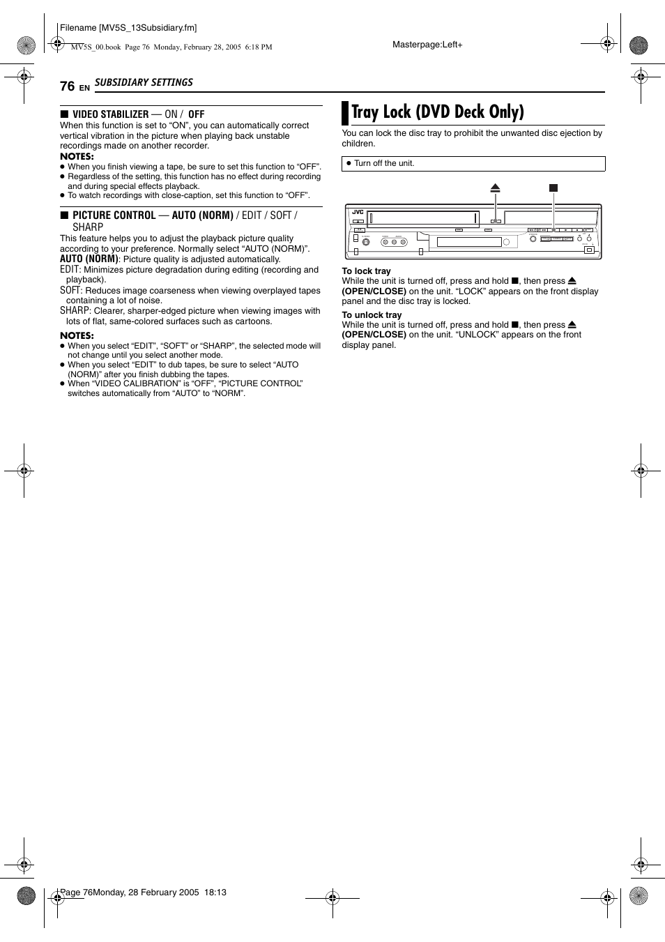 Tray lock (dvd deck only), Subsidiary settings | JVC DR-MV5S User Manual | Page 76 / 88